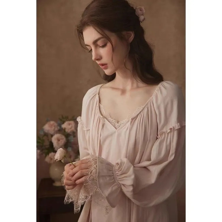 睡衣女新款春秋长袖宽松官庭风显白法式纯欲蕾丝可外穿家居服套装