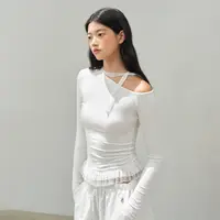 Ariseism 美式复古白色斜肩蕾丝长袖t恤女秋季新款修身上衣