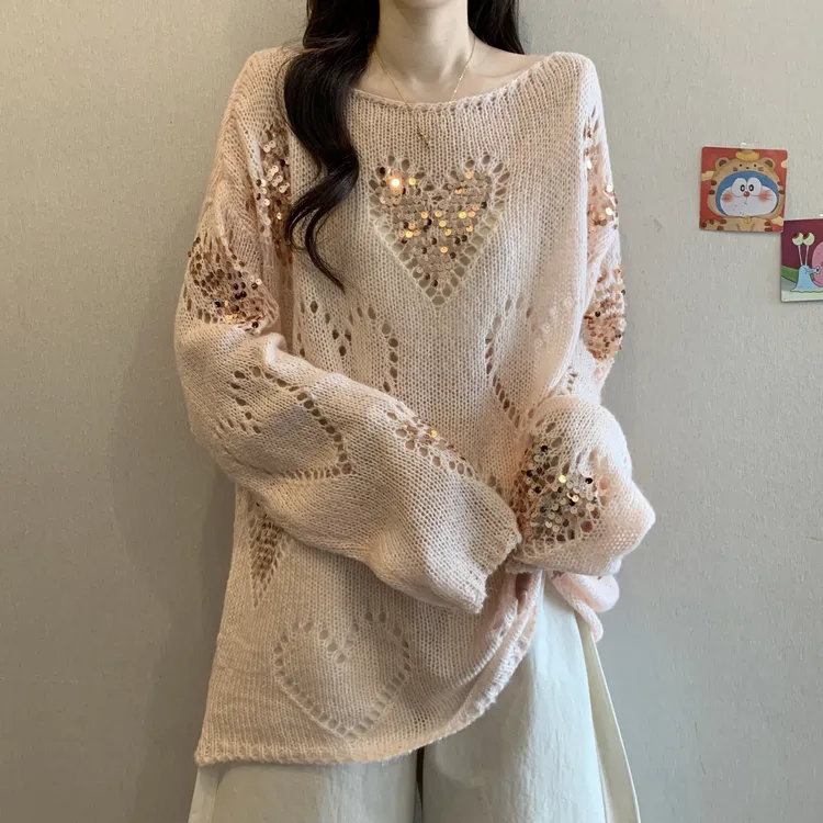 白色亮片镂空针织衫女2025新款早秋大码胖mm显瘦中长款遮屁股上衣