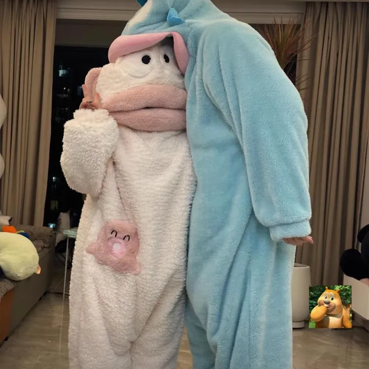 SMVP搞怪情侣丑鱼睡衣女春冬天珊瑚绒加厚可爱汉顿连体男士家居服
