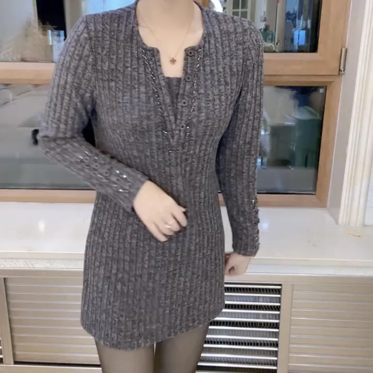 秋冬重工串珠宽松中长款针织打底衫女时尚百搭休闲风