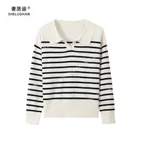安迪绒POLO领细条纹针织衫女秋冬加厚百搭宽松长袖打底衫毛衣
