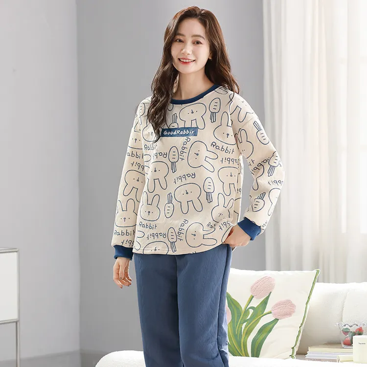 【2025新款】秋冬空气棉夹层睡衣女加厚保暖长袖休闲家居服套装