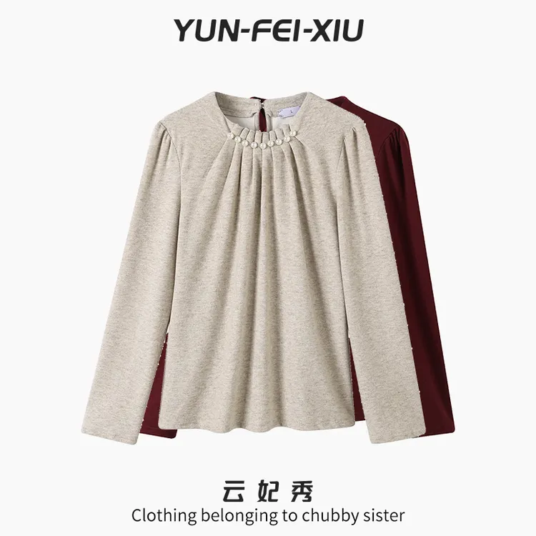 云妃秀【QP】大码女装T恤微胖宽松显瘦减龄钉珠长袖百搭春季9692