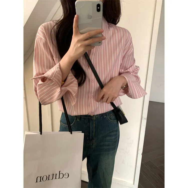 2025春季韩系设计感小众粉色条纹衬衫女