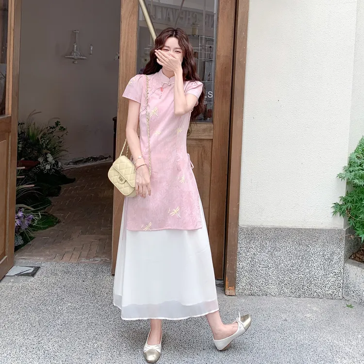 粉色撞色印花立领旗袍改良连衣裙女夏新中式国风优雅假两件长裙仙