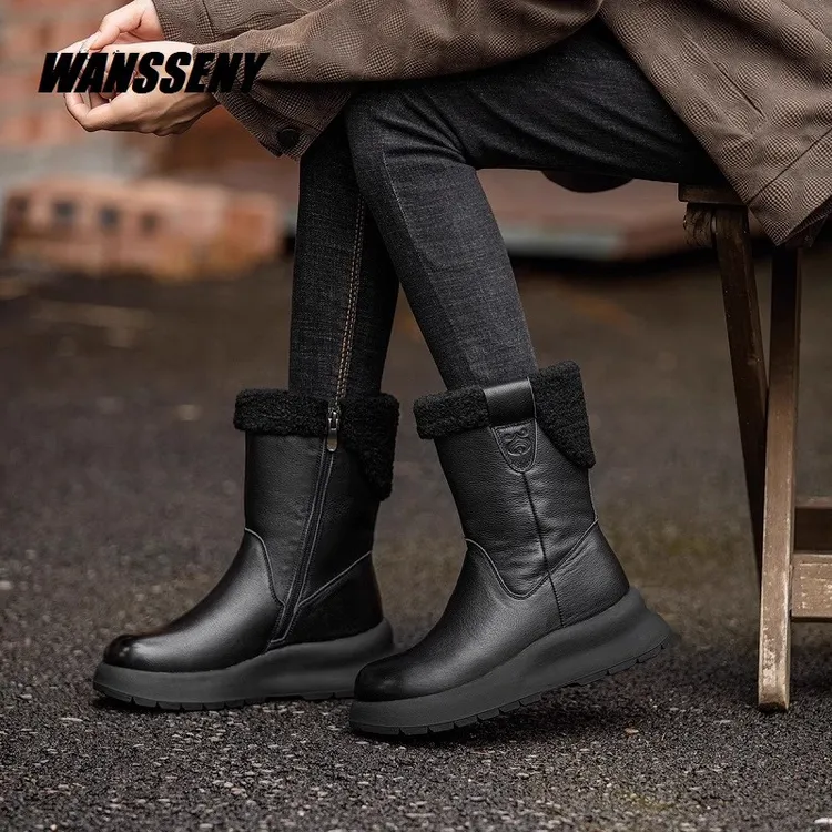 WANSSENY2025年加绒加厚保暖中筒靴子女冬季厚底真皮时尚雪地靴女