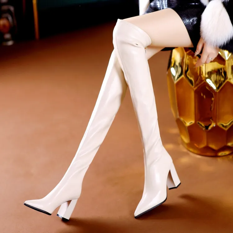 显瘦小个子过膝长靴女2025秋冬新款后拉链高跟尖头粗跟瘦瘦长筒靴