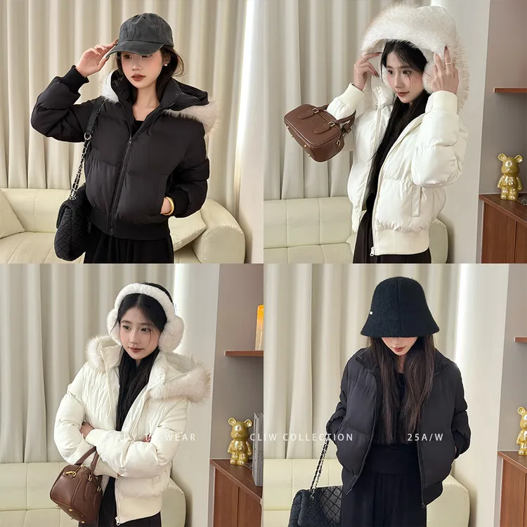 菜菜【奶盐小客坦】小个子冬季百搭显瘦连帽毛领短款棉服外套HW50