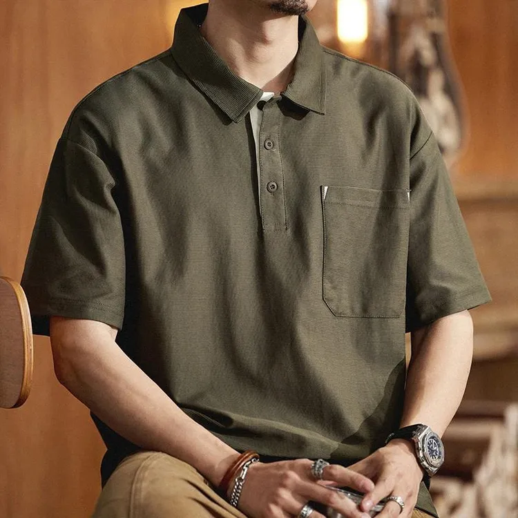 2025夏季新款美式复古polo衫男翻领短袖潮牌宽松口袋保罗上衣