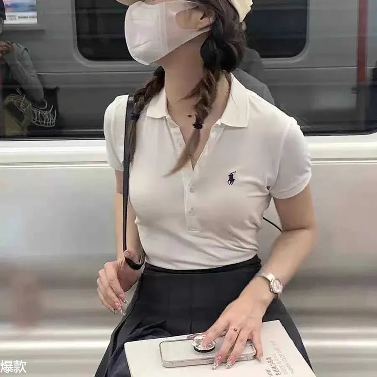 小马标刺绣衫女2025新款夏季纯棉短袖恤修身显瘦百搭上衣女