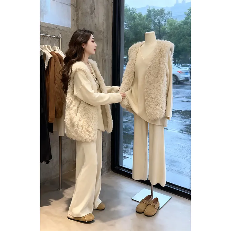 巨好看的秋季穿搭一整套大码胖mm温柔风毛毛马甲上衣休闲裤三件套