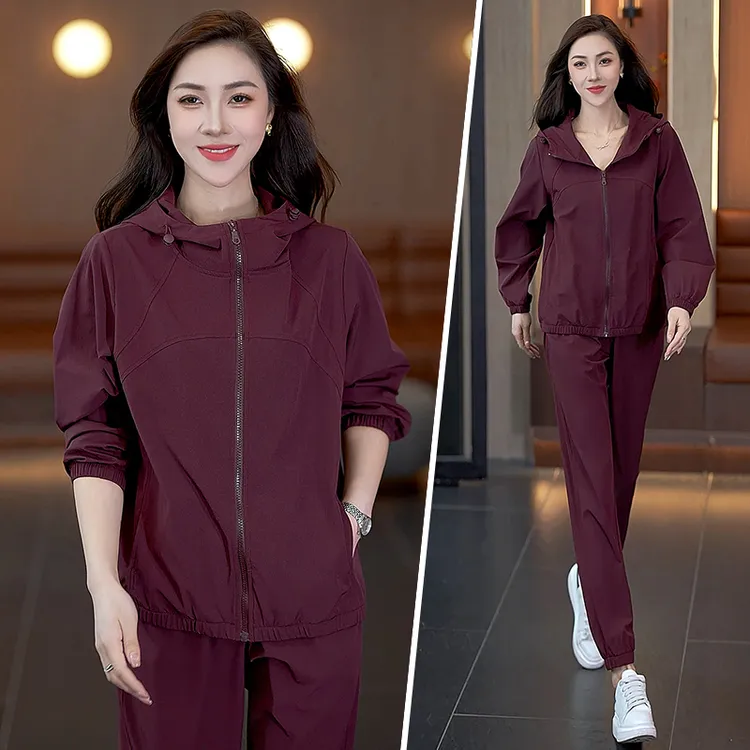 妈妈运动服套装女春秋装新款时尚宽松连帽跑步服松弛感穿搭一整套