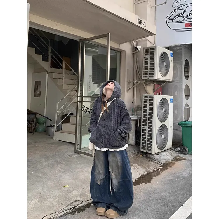 美式复古韩系慵懒风V领连帽针织毛衣女秋冬新款美式宽松显瘦外套