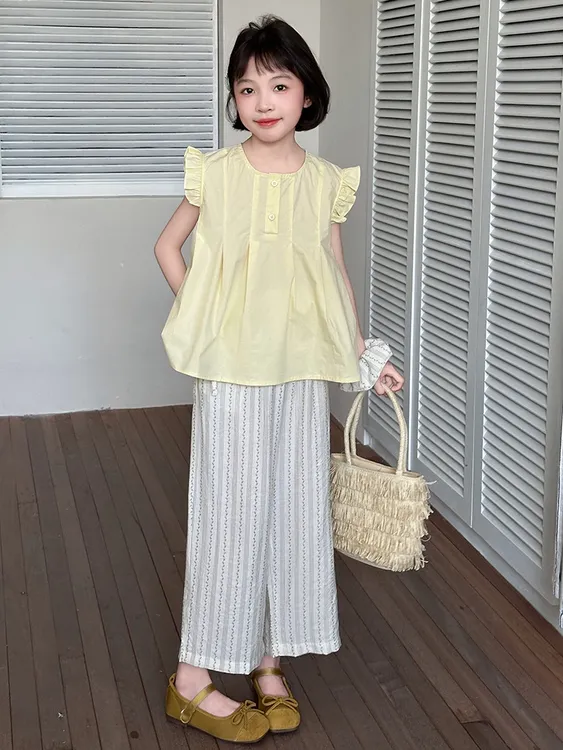 女童夏季无袖娃娃衫套装2025新款中大童洋气上衣休闲阔腿裤两件套