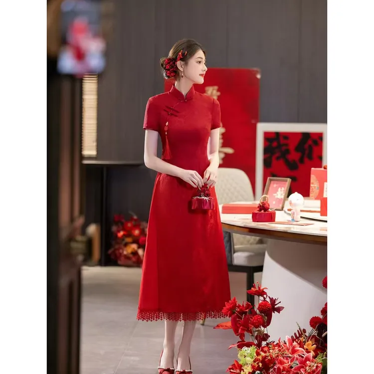 红色旗袍2025新款送考高考中考改良奥黛敬酒服年轻喜妈妈连衣裙