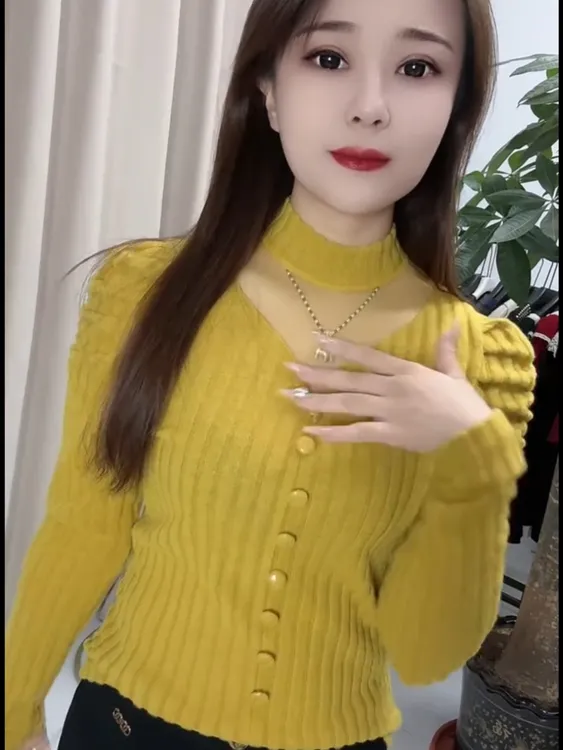 2025法式拼接半高领秋冬纯色抗皱针织女泡泡袖T恤洋气网红上衣女