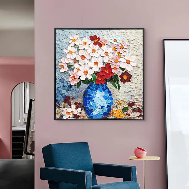 砂岩厚油肌理画手工油画 装饰轻奢防水风格艺术卡通现代幸福花354