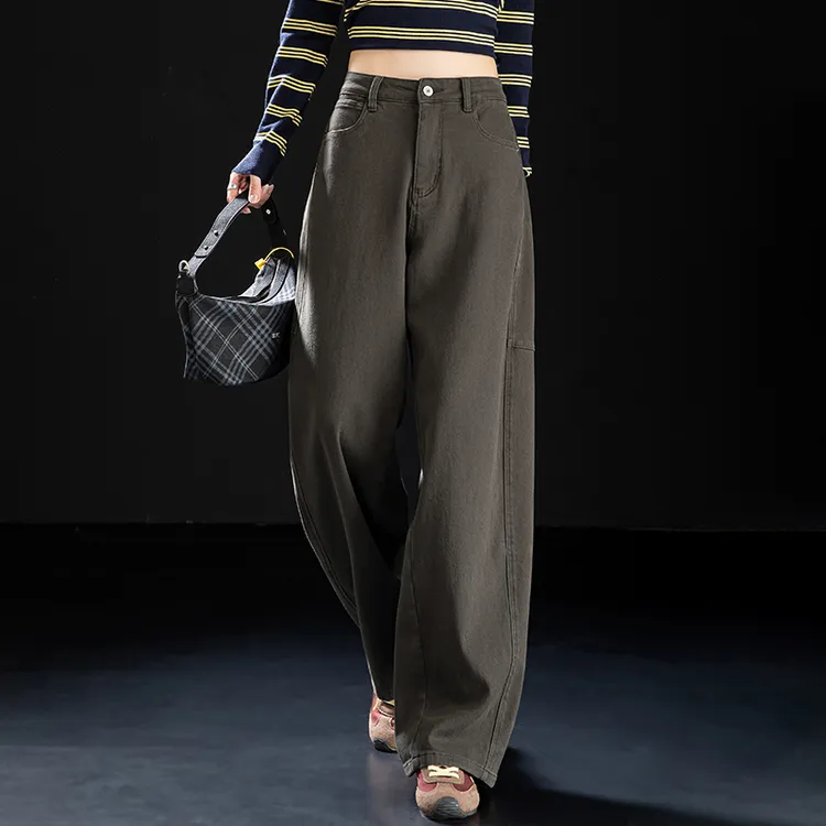 美式复古抓绒牛仔裤女2025裤子网红款弯刀裤子秋冬加厚高腰阔腿裤