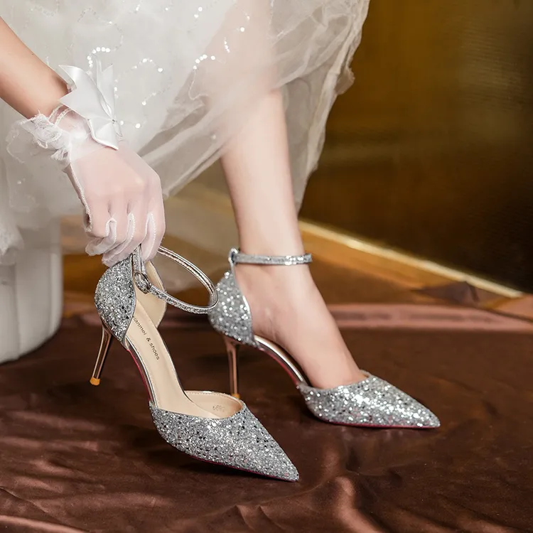 高跟鞋女2025爆款洋气礼服亮片高跟鞋女不累脚高级感包头单鞋女