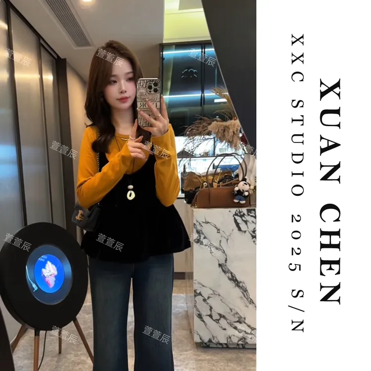 【双拼童话】网红洋气炸街女装秋季长袖打底衫+吊带两件套套装#8806