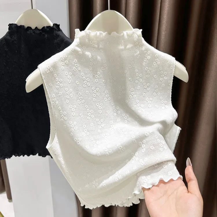 蕾丝假领子打底衫女早秋季半高领内搭叠穿背心无袖百搭木耳边上衣