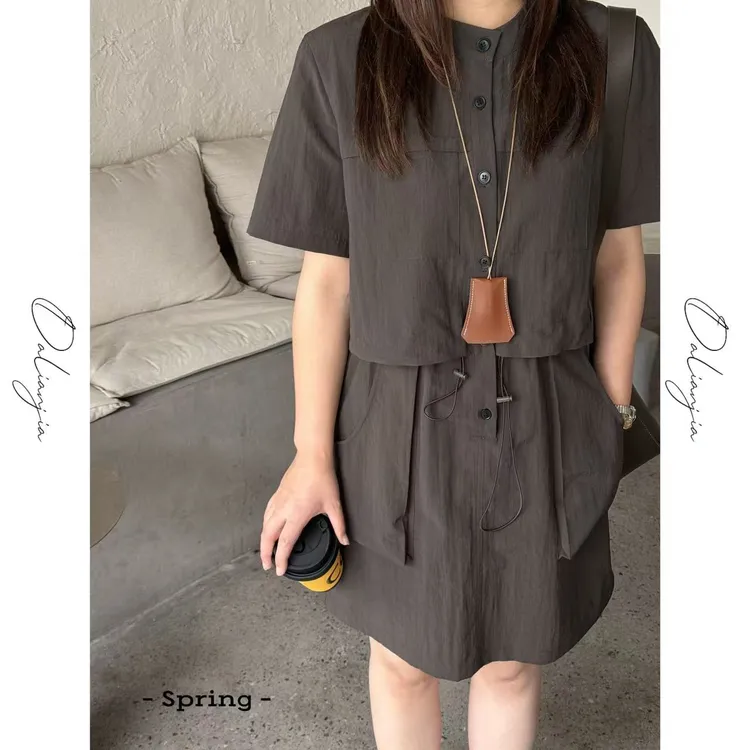 佳佳【香浓摩卡】帅气可抽绳休闲连衣裙显瘦气质高腰时尚收腰