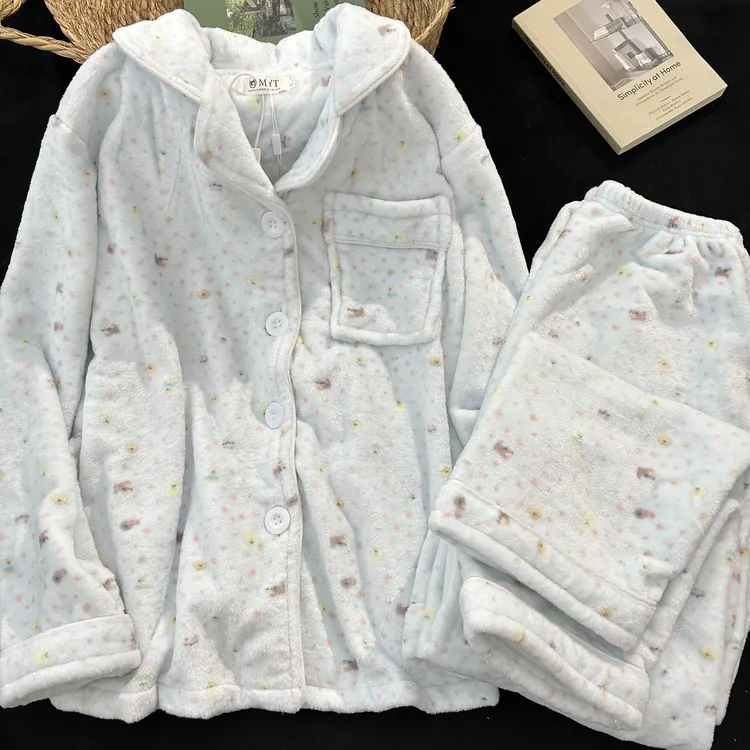 日系卡通可爱碎花小狗少女睡衣冬季保暖加厚甜妹开衫法兰绒家居