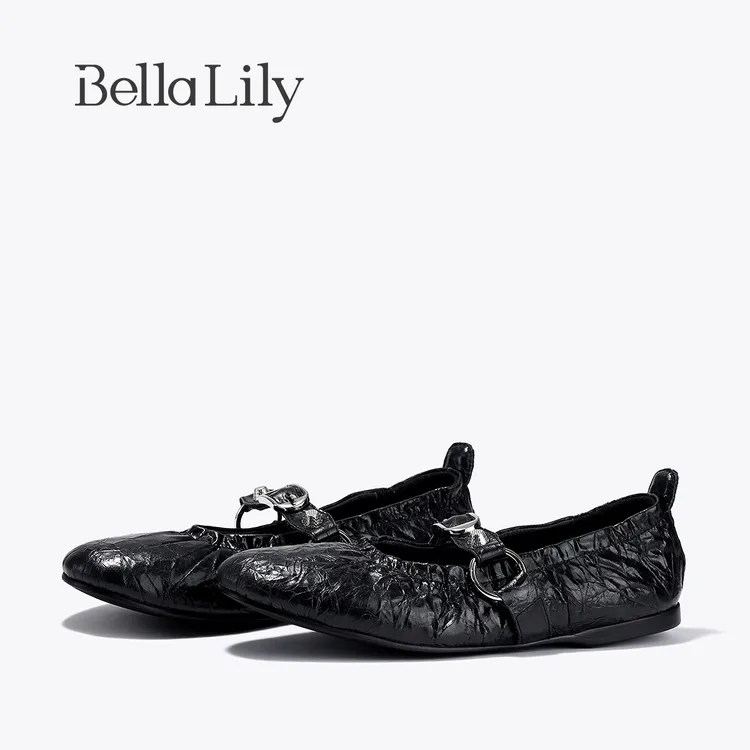 BellaLily2025秋季新款法式芭蕾舞单鞋女褶皱蛋卷鞋玛丽珍平底鞋