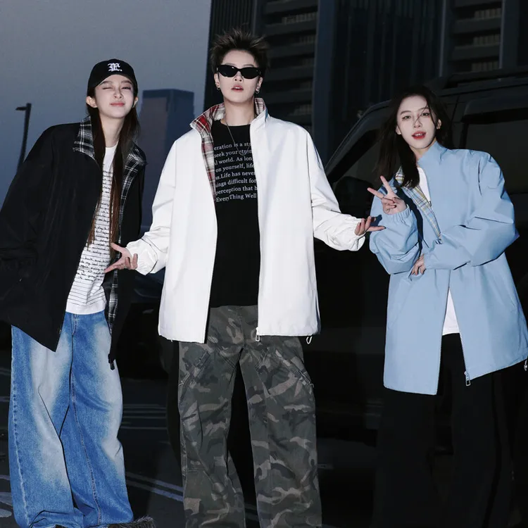 连帽链条长袖格子夹克小众上衣情侣休闲学生外套百搭秋季宽松