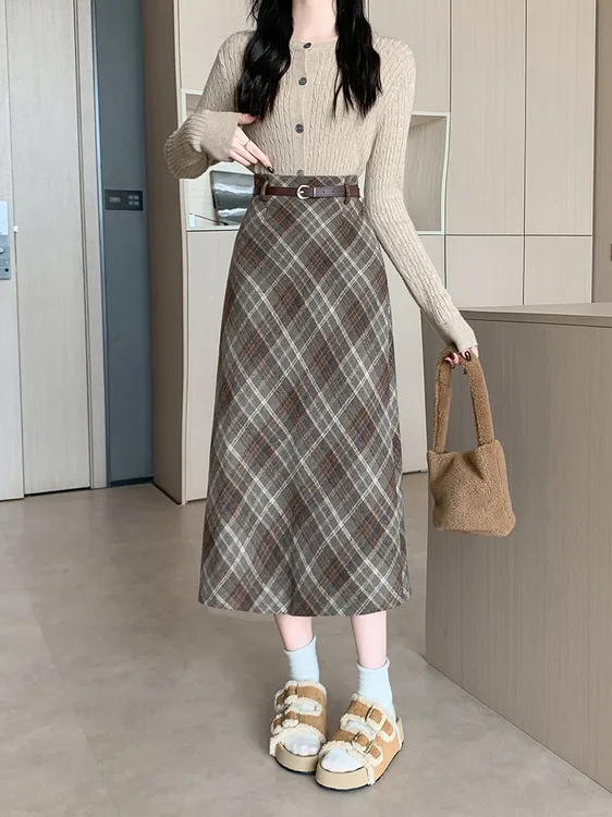秋冬大码女装胖MM格子毛呢半身裙女中长款松紧腰开叉百搭A字裙