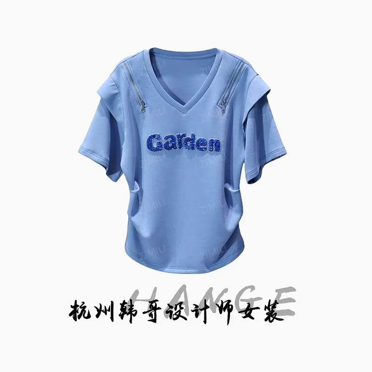 【韩哥女装】2025欧版时装周雾蓝色字母珠片绣休闲时尚短袖8370-B2
