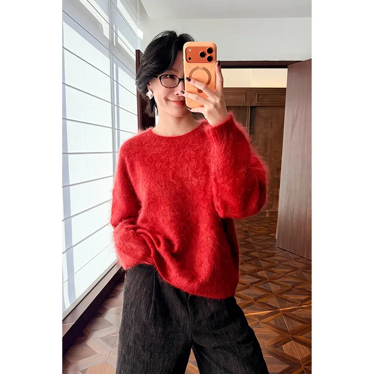 HERLAND她地【梅柿】100%羊绒拉毛红色针织衫慵懒风保暖毛衣