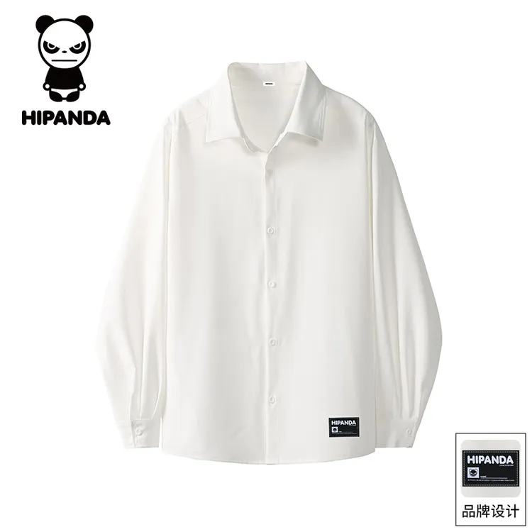 Hi Panda你好熊猫秋季新款纯色长袖衬衫男士潮流百搭宽松休闲衬衣