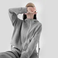 秋冬长袖时尚宽松休闲运动套装卫衣户外加绒韩版女士运动连帽外套