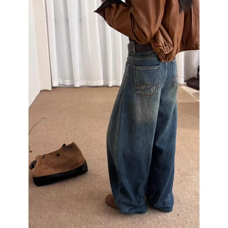 欧货加厚一体绒水洗复古阔腿牛仔裤女冬季高腰宽松休闲弯刀拖地裤