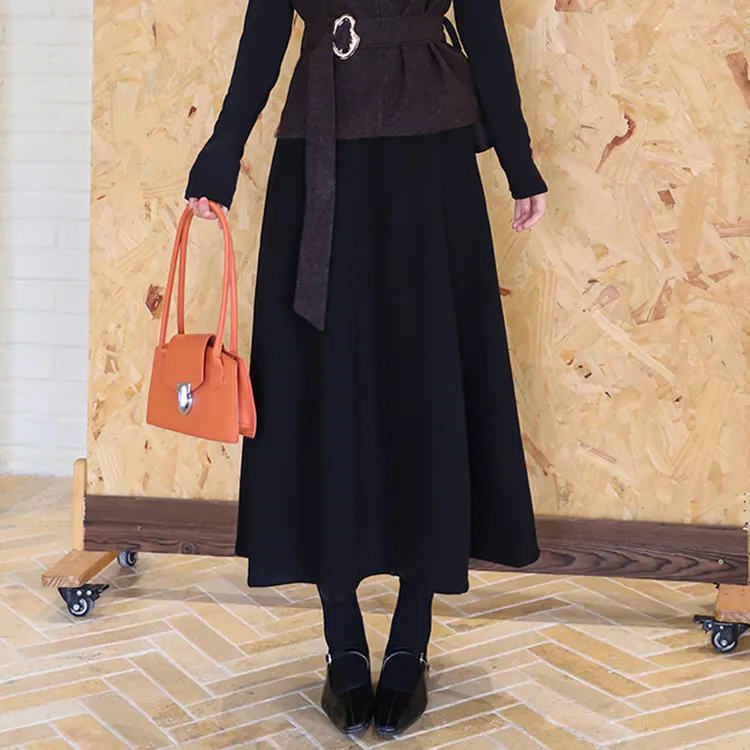 醋酸羊绒加绒加厚8片重工a字半身裙高腰中长款伞裙拼简约拼接裙子