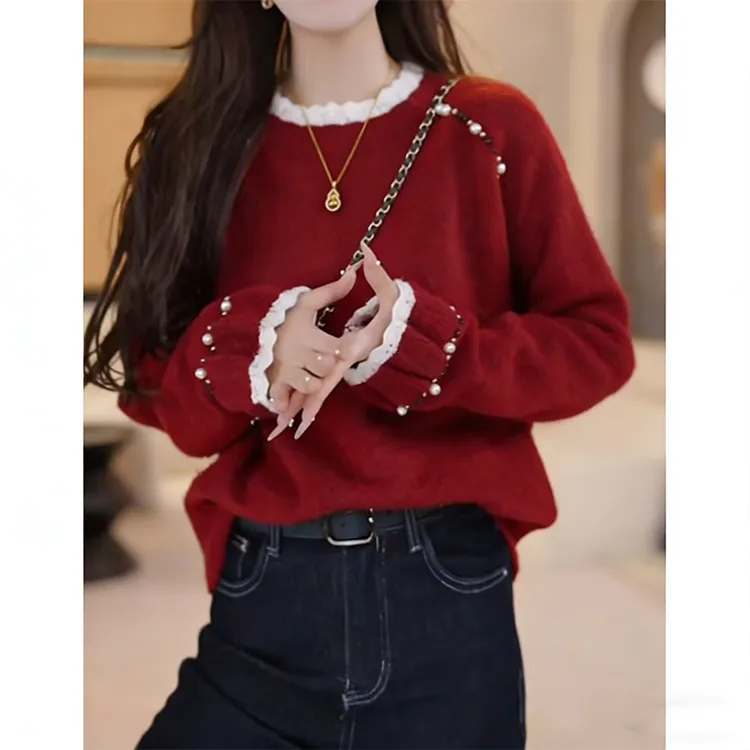 大码胖mm新年红色重工钉珠毛衣女秋冬圣诞拼色洋气显瘦减龄针织衫