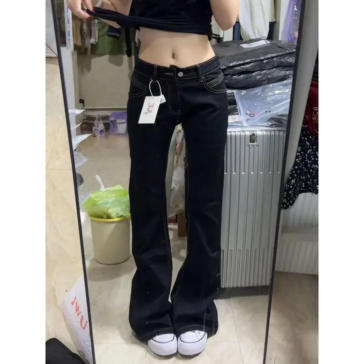 美式复古低腰修身微喇牛仔裤女2025新款休闲显瘦百搭窄版直筒裤子