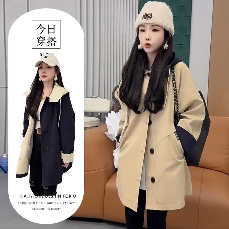 韩系风衣外套女中长款2025秋装新款巨好看小个子连帽休闲女装上衣