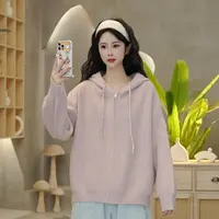 5199 连帽卫衣外套女韩版宽松显瘦纯色针织拉链开衫
