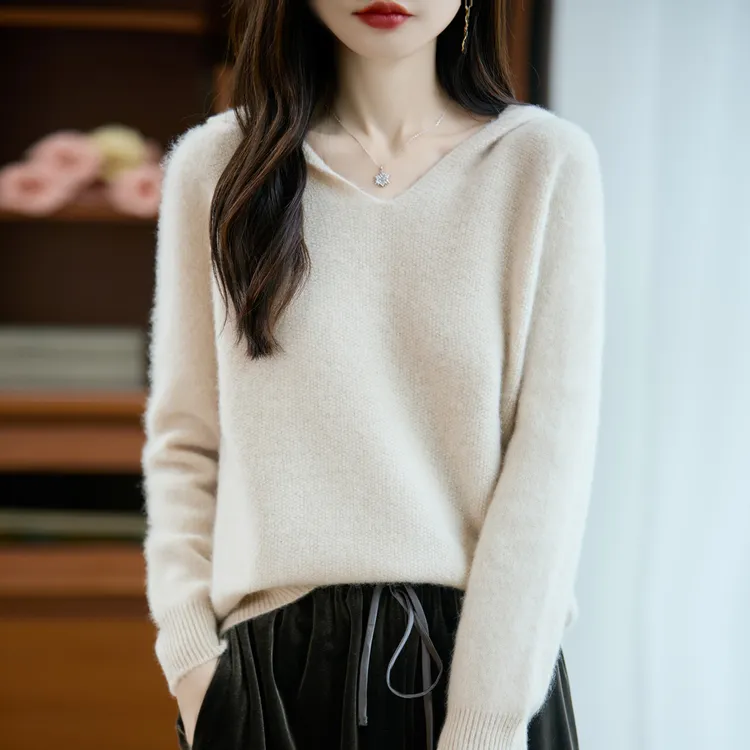 新款轻奢无缝一体连帽100%纯羊毛衫女帽衫针织打底衫宽松羊绒毛衣