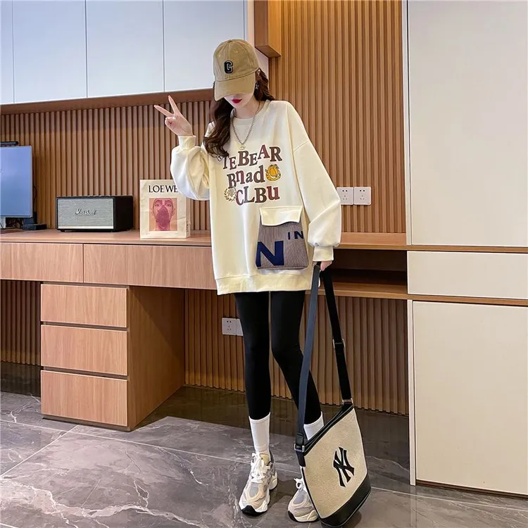 口袋卫衣女春秋季爆款休闲洋气卡通印花设计感小众学生圆领上衣服