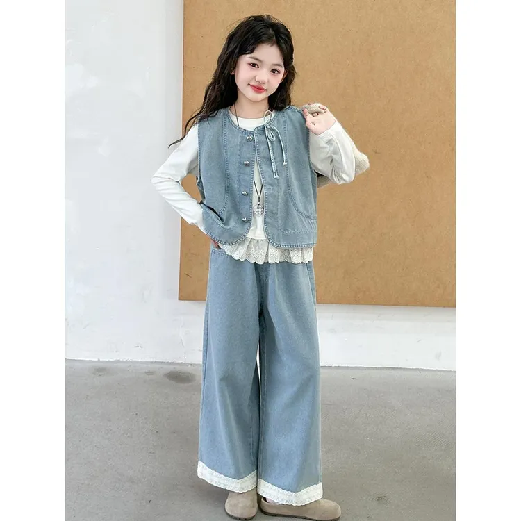 女童秋装三件套2025新款春秋季女孩牛仔马甲阔腿裤套装超好看衣服