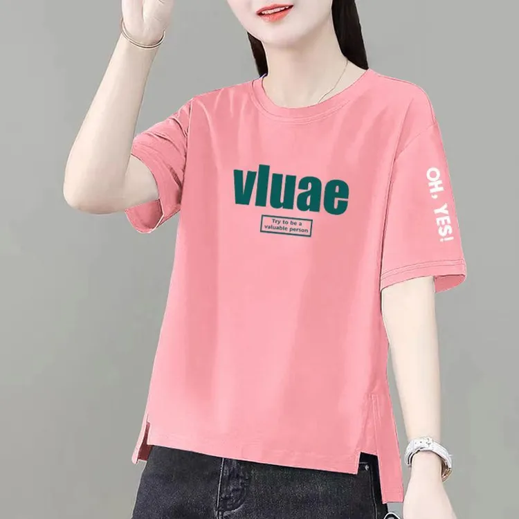 纯棉洋气短袖T恤女夏季潮流气质大码妈妈夏装开叉显瘦遮肚上衣潮