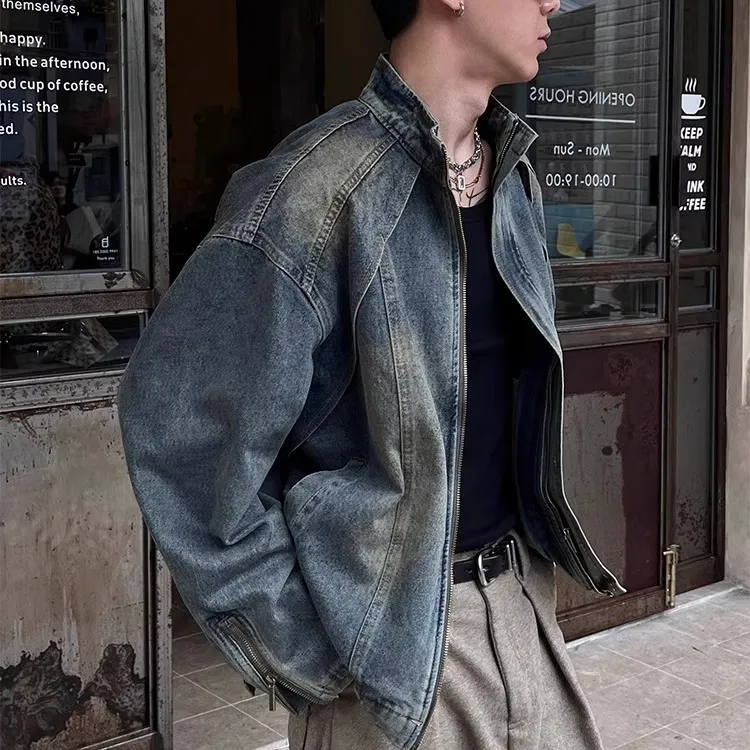 美式重工「解构 水洗渐变」高街黄泥染色重磅牛仔夹克外套男宽松潮