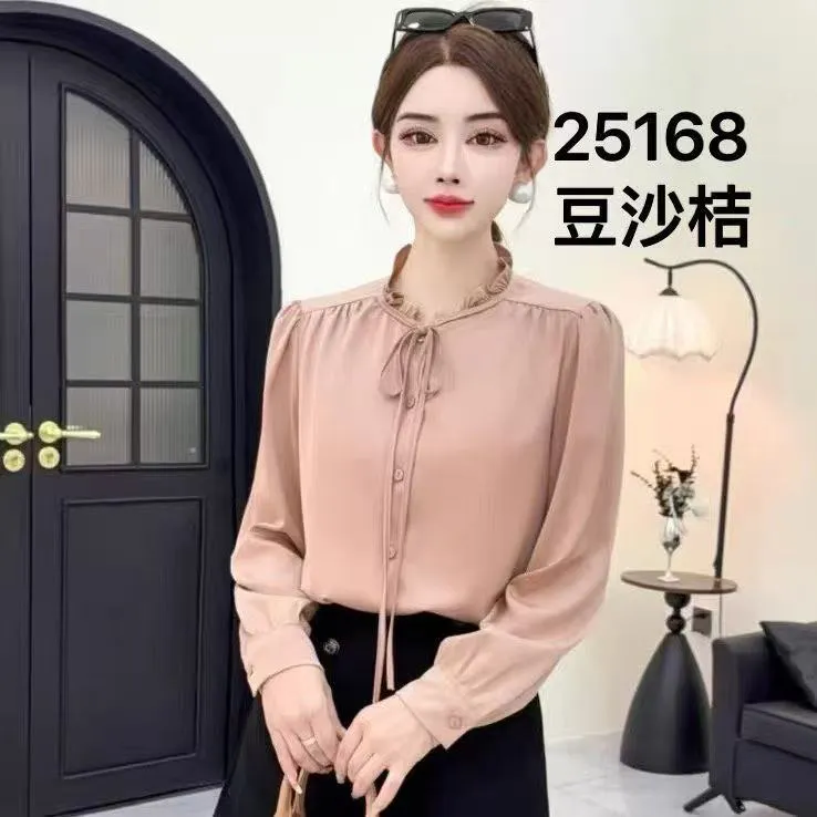 25–168 法式木耳领系带华尔缎面衬衫秋款女衬衣丝滑设计感上衣