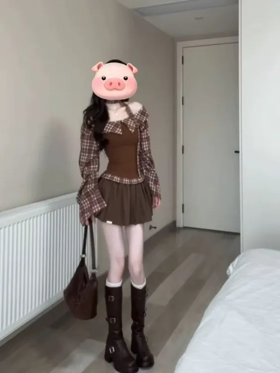 【婷婷专属】飘带一字肩长袖上衣秋季格子拼接设计修身韩系t恤女