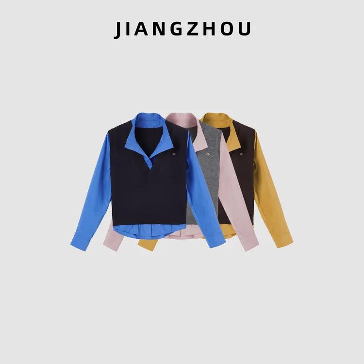 江洲【酷岚】秋冬新款克莱恩蓝衬衣拼毛衣背心假两件羊毛毛织上衣