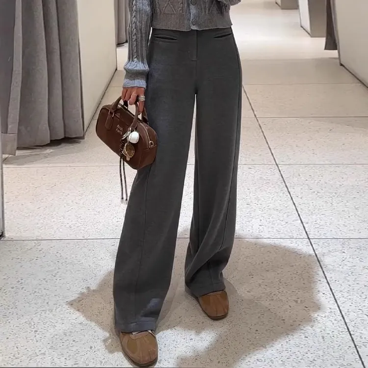 醋酸羊毛窄版阔腿裤女秋冬2024新款高腰宽松弯刀裤加绒休闲直筒裤